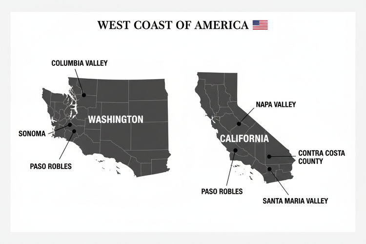 Map of West Coast USA highlighting AVA locations