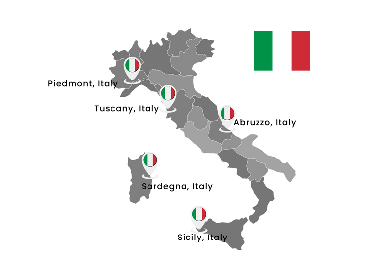 A map of Italy with the wine regions of Piedmont, Tuscany, Abruzzo, Sardinia and Sicily highlighted