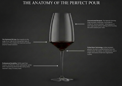 Wine Glass showing technical fill line, Bquet funnel, pulled stem technology and durability