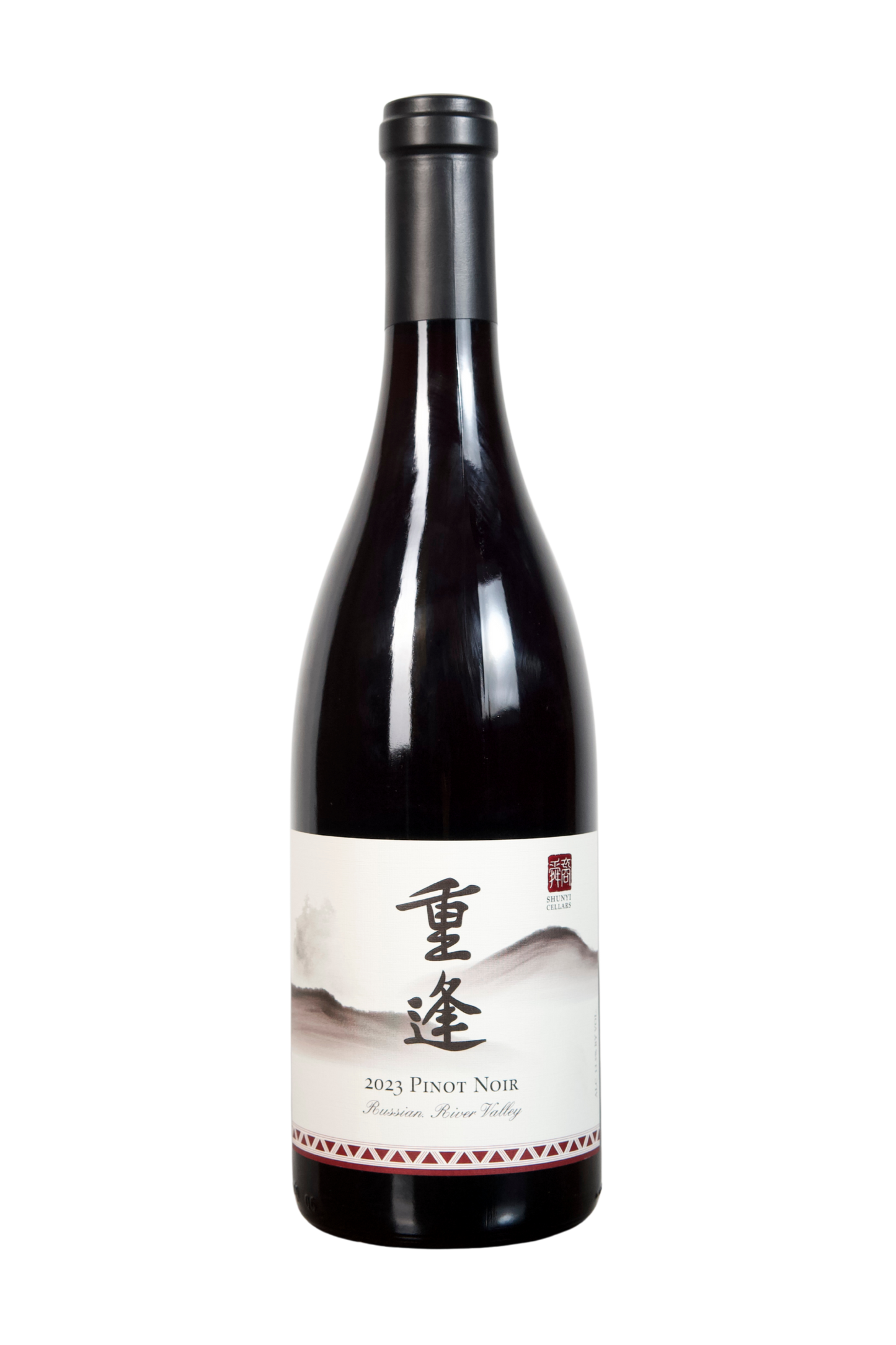 A bottle of 2021 Pinot Noir red wine from Mission, Alta. The bottle has a dark glass body with a black screw cap and a white label featuring Chinese characters, a minimalist landscape illustration, and red accents.