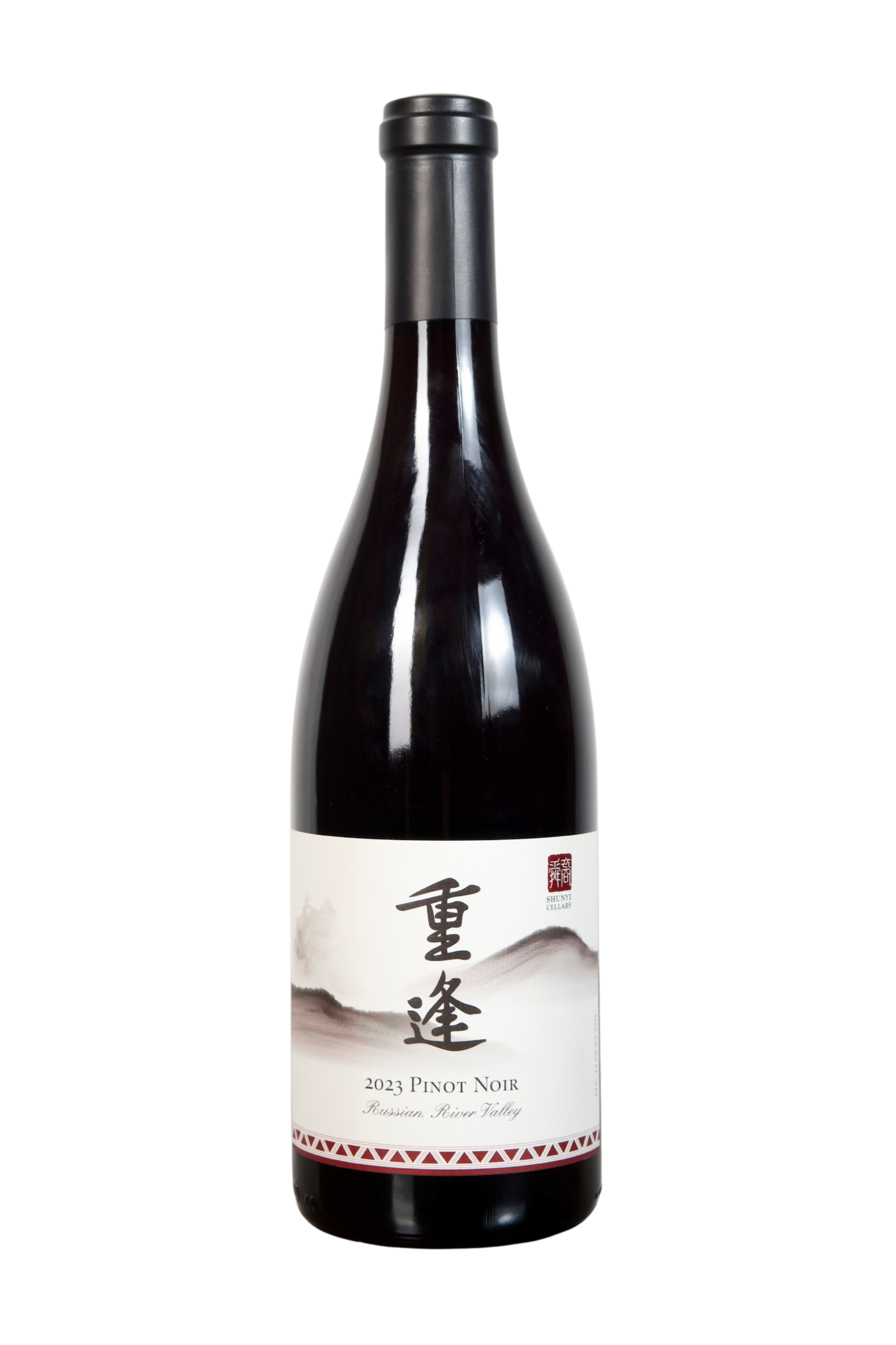 A bottle of 2021 Pinot Noir red wine from Mission, Alta. The bottle has a dark glass body with a black screw cap and a white label featuring Chinese characters, a minimalist landscape illustration, and red accents.