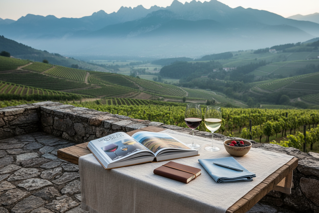 Stone terrace with two glasses overlooking misty valley